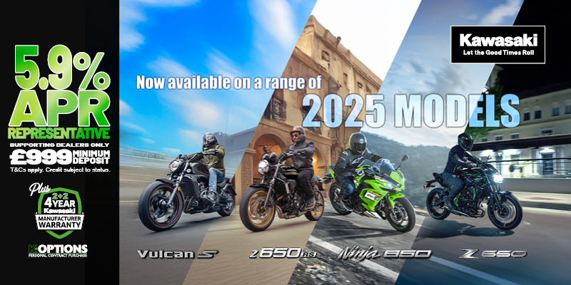 Enjoy 0% APR on HP and 5.9% PCP APR Representative on a wide range of Kawasaki machines!