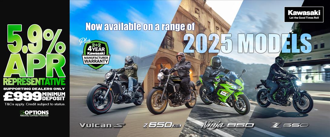 Enjoy 0% APR on HP and 5.9% PCP APR Representative on a wide range of Kawasaki machines!