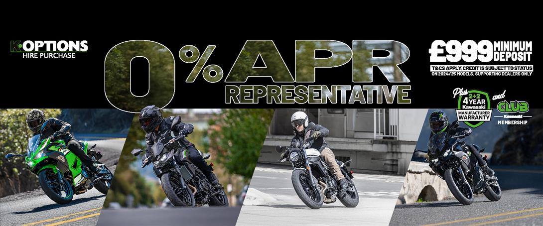 Enjoy 0% APR on HP and 5.9% PCP APR Representative on a wide range of Kawasaki machines!