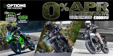 Enjoy 0% APR on HP and 5.9% PCP APR Representative on a wide range of Kawasaki machines!