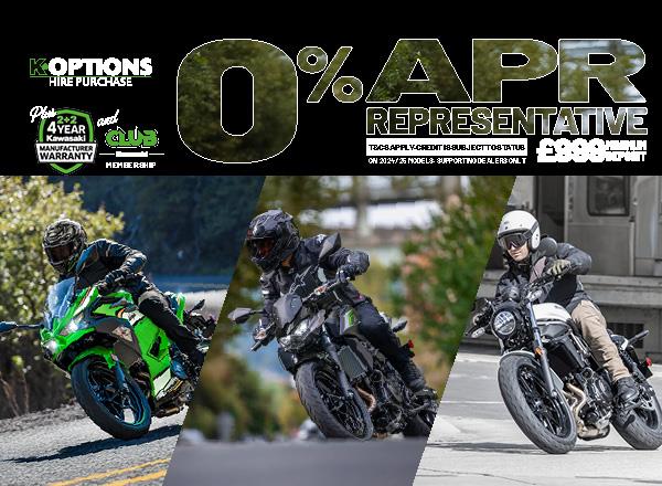 Enjoy 0% APR on HP and 5.9% PCP APR Representative on a wide range of Kawasaki machines!