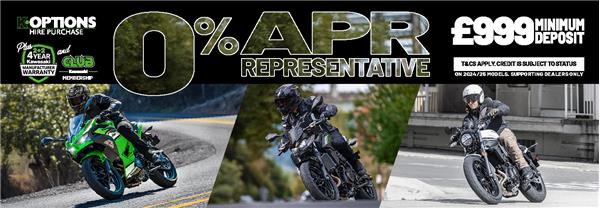 Enjoy 0% APR on HP and 5.9% PCP APR Representative on a wide range of Kawasaki machines!