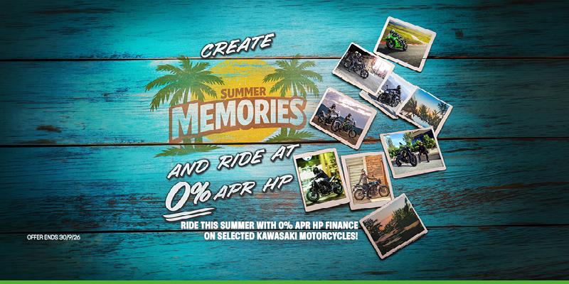 Ride this summer with 0% APR HP finance on selected Kawasaki motorcycles!