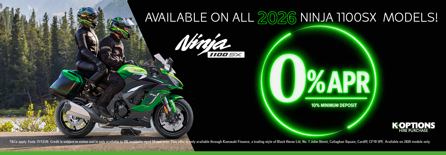 Ride away on a 2026 Ninja 1100SX with 0% finance!