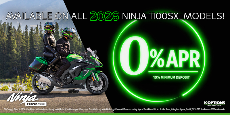 Ride away on a 2026 Ninja 1100SX with 0% finance!