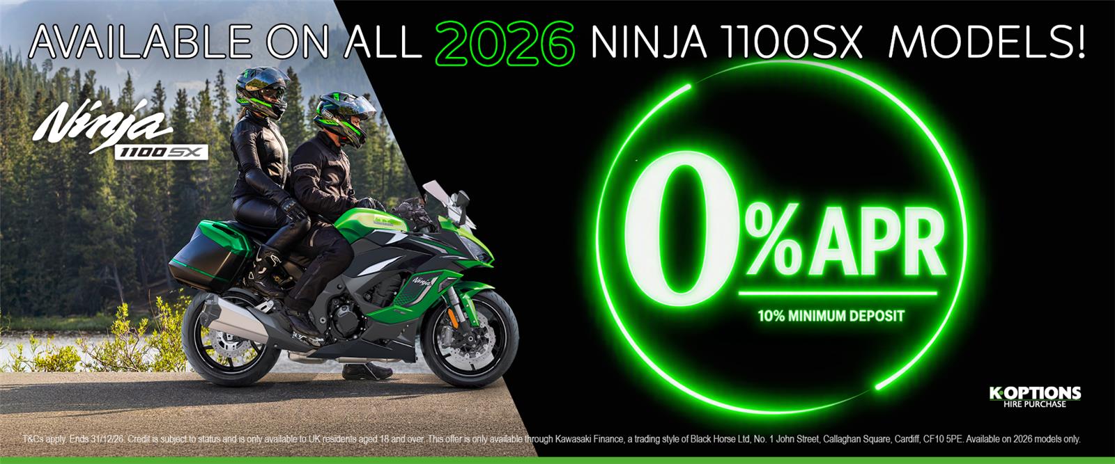 Ride away on a 2026 Ninja 1100SX with 0% finance!